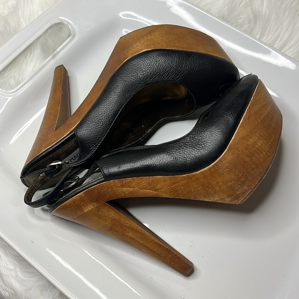 Stylish Black Leather& Wood Platform  Slingback Heels - Picture 5 of 12